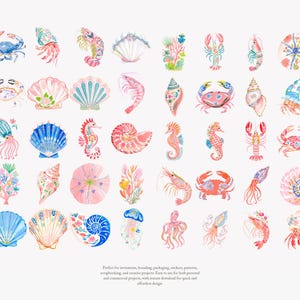 May include: Watercolor illustrations of various sea creatures and shells in shades of pink, blue, and coral. The collection includes seahorses, crabs, starfish, and seashells, perfect for nautical-themed designs.