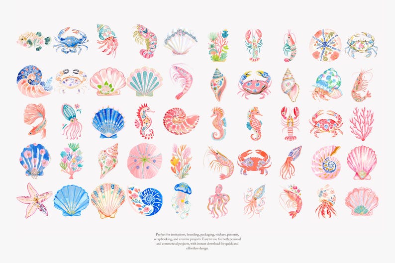May include: Watercolor illustrations of various sea creatures and shells in shades of pink, blue, and coral. The collection includes seahorses, crabs, starfish, and seashells, perfect for nautical-themed designs.