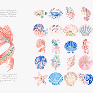 May include: Watercolor clipart featuring various sea creatures and shells in shades of blue, pink, and coral. Includes a betta fish, crab, seahorse, and starfish. The text says "High-quality watercolor clipart".