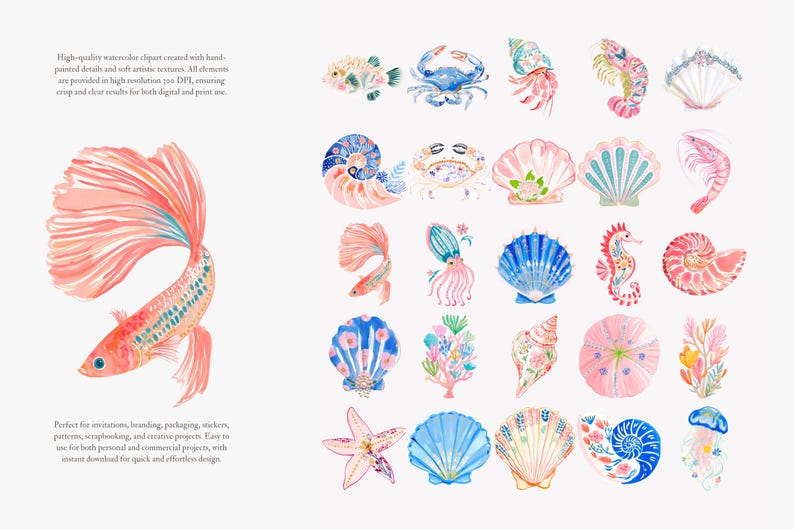 May include: Watercolor clipart featuring various sea creatures and shells in shades of blue, pink, and coral. Includes a betta fish, crab, seahorse, and starfish. The text says "High-quality watercolor clipart".