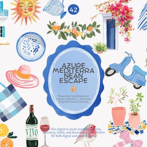 greek summer clipart set, mediterranean watercolor elements, santorini aesthetic icons, coastal europe travel illustrations, blue white