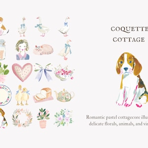 coquette cottage clipart, pastel cottagecore png, romantic vintage florals, shabby chic illustrations, feminine aesthetic bundle image 2
