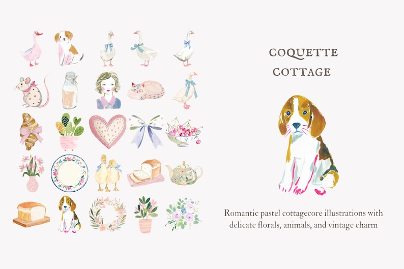 coquette cottage clipart, pastel cottagecore png, romantic vintage florals, shabby chic illustrations, feminine aesthetic bundle image 2