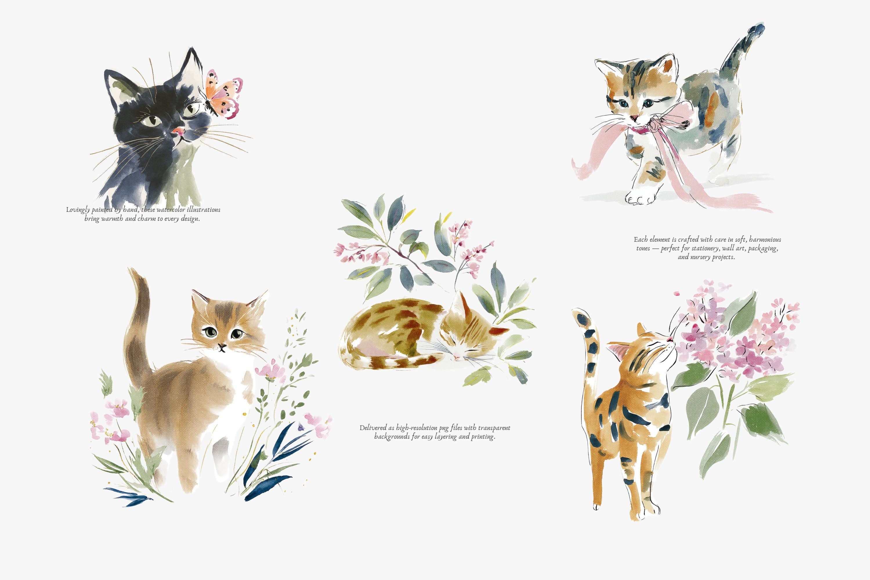 Spring Kitten Watercolor Clipart, Floral Cat Png Set, Gentle Spring ...