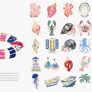 May include: Watercolor illustrations of marine life and nautical elements, including seashells, coral, crabs, and a life preserver. The color palette features pink, blue, and white, with floral accents. The image also includes text.