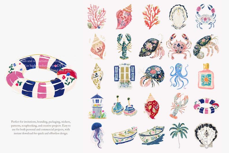 May include: Watercolor illustrations of marine life and nautical elements, including seashells, coral, crabs, and a life preserver. The color palette features pink, blue, and white, with floral accents. The image also includes text.
