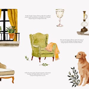 May include: Watercolor illustration featuring a window with yellow curtains, potted plants, a green armchair with a blanket, a dog, a glass, a lamp, a candle, and a book. The image has a vintage, romantic theme.