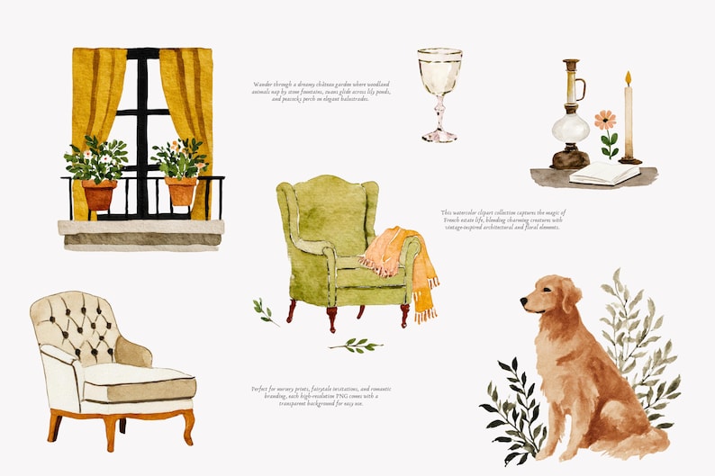 May include: Watercolor illustration featuring a window with yellow curtains, potted plants, a green armchair with a blanket, a dog, a glass, a lamp, a candle, and a book. The image has a vintage, romantic theme.