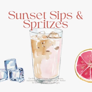 May include: Watercolor illustration featuring a tall glass of iced coffee with ice cubes and a grapefruit slice. The text "Sunset Sips & Spritzes" is displayed in a decorative font. The image is perfect for digital and print designs.