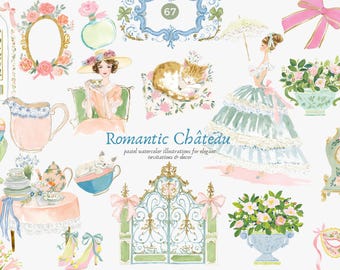 May include: Watercolor illustrations with a romantic château theme. The image features a variety of pastel-colored elements, including a woman in a dress, a sleeping cat, floral arrangements, and decorative gates. The text "Romantic Château" is also present.