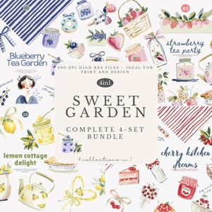 May include: Watercolor illustrations of sweet treats and tea party items. The image includes text that reads "Blueberry Tea Garden", "Lemon Cottage Delight", "Strawberry Tea Party", and "Cherry Kitchen Dreams". The image is a complete 4-set bundle.
