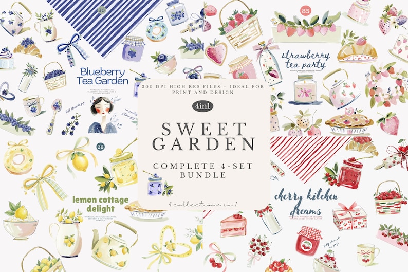 May include: Watercolor illustrations of sweet treats and tea party items. The image includes text that reads "Blueberry Tea Garden", "Lemon Cottage Delight", "Strawberry Tea Party", and "Cherry Kitchen Dreams". The image is a complete 4-set bundle.