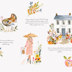 Puede incluir: Ilustraciones en acuarela con un pavo, arreglos florales, una mujer con un paraguas, una casa con calabazas y una manzana. El texto incluye "Welcome" e informaci&oacute;n sobre imprimibles de temporada y un paquete de im&aacute;genes predise&ntilde;adas.