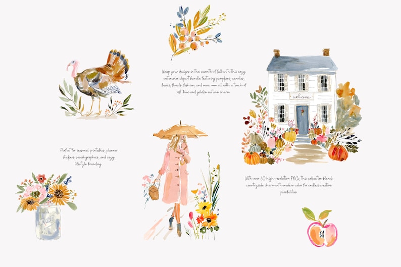 Puede incluir: Ilustraciones en acuarela con un pavo, arreglos florales, una mujer con un paraguas, una casa con calabazas y una manzana. El texto incluye "Welcome" e informaci&oacute;n sobre imprimibles de temporada y un paquete de im&aacute;genes predise&ntilde;adas.