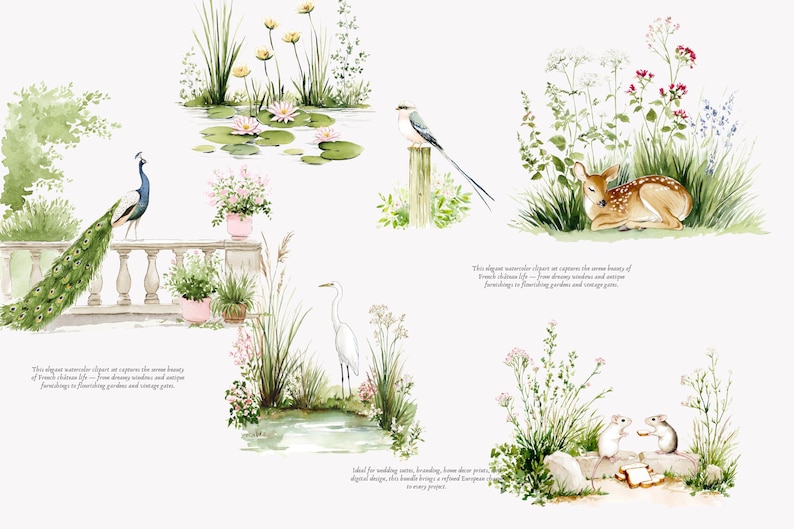 May include: Watercolor illustrations of a peacock, deer, and other wildlife in a garden setting. The image includes a peacock on a balcony, a deer resting in grass, and a bird perched on a wooden post. The style is reminiscent of French chateau life.