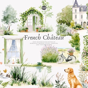 May include: Watercolor illustration featuring scenes of a French chateau, gardens, and vintage charm. The image includes a white house, a bicycle with a basket of flowers, and a golden retriever. Text reads "French Ch&acirc;teau."