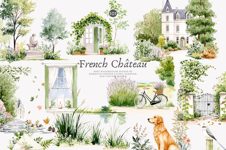 May include: Watercolor illustration featuring scenes of a French chateau, gardens, and vintage charm. The image includes a white house, a bicycle with a basket of flowers, and a golden retriever. Text reads "French Ch&acirc;teau."