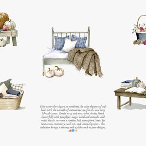 May include: Watercolor clipart set featuring autumn-themed illustrations. Includes a bed with pillows and a blanket, pumpkins, bread, a basket with pillows, and a table with books and a mug. The text describes the set's features.