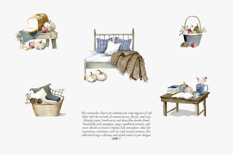May include: Watercolor clipart set featuring autumn-themed illustrations. Includes a bed with pillows and a blanket, pumpkins, bread, a basket with pillows, and a table with books and a mug. The text describes the set's features.
