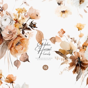 Könnte beinhalten: Aquarell-Blumensträuße in Pfirsich-, Braun- und Cremetönen. Das Bild zeigt mehrere Arrangements mit verschiedenen Blumenarten und Blättern. Der Text lautet "Golden Harvest Florals" und "Warm Bouquets with Autumn Elegance".