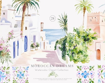 moroccan scenery - travel clipart - watercolor architecture - boho decor - mediterranean art - exotic landscapes - desert oasis - camel png