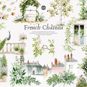 フランスのシャトーのクリップアート - 水彩画のシャトー - コテージコア PNG - ロマンチックな窓の PNG - 庭のクリップアートセット - 花のクリップアート PNG - ヴィンテージブーケ