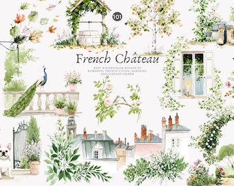 Imágenes prediseñadas de castillo francés - Castillo de acuarela - Imágenes prediseñadas de estilo rural - Imágenes prediseñadas de ventana romántica - Imágenes prediseñadas de jardín - Imágenes prediseñadas florales - Ramo vintage