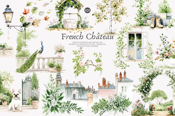 french chateau clipart - watercolor chateau - cottagecore png - romantic window png -garden clipart set -floral clipart png -vintage bouquet
