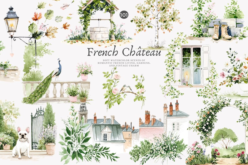 May include: Watercolor illustrations featuring French chateau scenes. The artwork includes a peacock, a well, a window, and a dog. The text reads "French Ch&acirc;teau" and describes "romantic French living, gardens, and vintage charm."