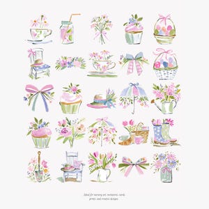 May include: Watercolor illustrations of spring and Easter-themed items. The image features teacups, cupcakes, bows, baskets with eggs, flowers, a hat, an umbrella, a watering can, boots, and a chair. The color palette includes pink, green, blue, and white.