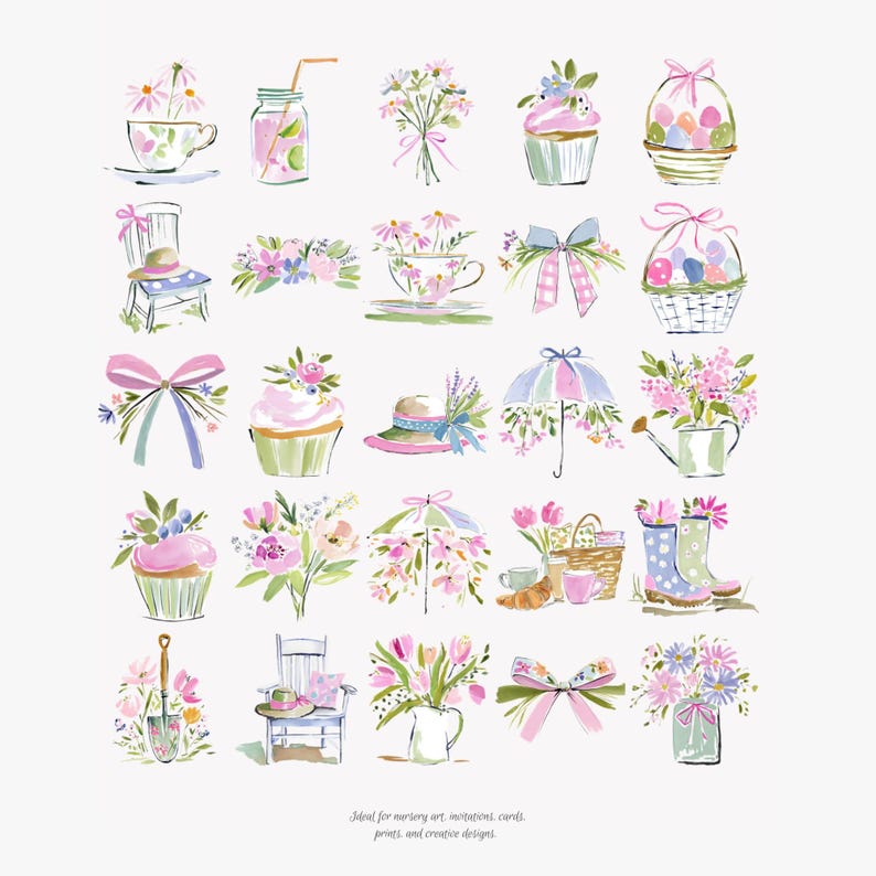 May include: Watercolor illustrations of spring and Easter-themed items. The image features teacups, cupcakes, bows, baskets with eggs, flowers, a hat, an umbrella, a watering can, boots, and a chair. The color palette includes pink, green, blue, and white.