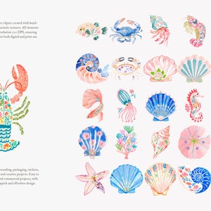 May include: Watercolor clipart featuring various sea creatures and shells. The collection includes a lobster, fish, crab, jellyfish, seahorse, and starfish, all in vibrant colors. The illustrations are hand-painted with soft artistic textures.