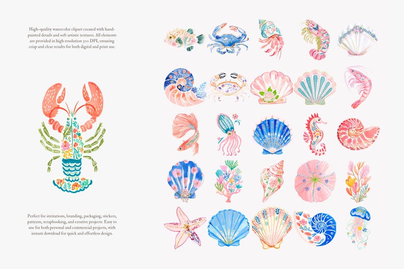 May include: Watercolor clipart featuring various sea creatures and shells. The collection includes a lobster, fish, crab, jellyfish, seahorse, and starfish, all in vibrant colors. The illustrations are hand-painted with soft artistic textures.