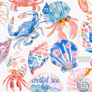May include: Watercolor illustrations of various marine life, including crabs, shrimp, and jellyfish, in shades of blue, pink, and coral. The image also features seashells and the text "coastal sea life."