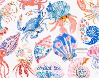 Imágenes prediseñadas costeras de estilo preppy, acuarela de animales marinos náuticos, gráficos oceánicos de conchas coloridas, cangrejos y camarones, conjunto de ilustraciones de playa de verano
