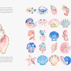 May include: Watercolor clipart featuring various sea creatures and shells in shades of blue, pink, and gold. Includes a large seashell with floral patterns, starfish, seahorse, and jellyfish. The text says "High-quality watercolor clipart".