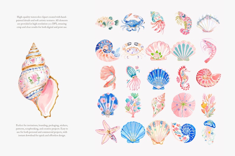 May include: Watercolor clipart featuring various sea creatures and shells in shades of blue, pink, and gold. Includes a large seashell with floral patterns, starfish, seahorse, and jellyfish. The text says "High-quality watercolor clipart".