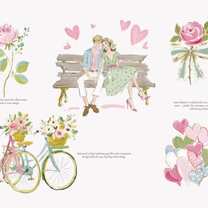 May include: Watercolor illustrations featuring a romantic theme. The image includes a couple on a bench, pink bicycles with flower baskets, roses, hearts, and text. The illustrations are in soft pastel colors.