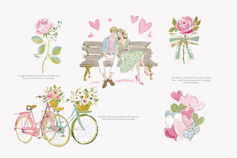 May include: Watercolor illustrations featuring a romantic theme. The image includes a couple on a bench, pink bicycles with flower baskets, roses, hearts, and text. The illustrations are in soft pastel colors.