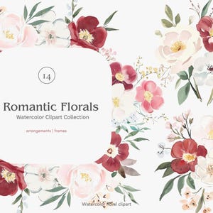 romantische Blumen - florale Cliparts - Hochzeitsblumen - blush roses - Pfingstrose Illustration - Aquarell Strauß - rote Blumen - Vintage png