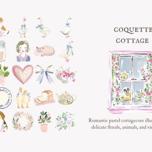 coquette cottage clipart, pastel cottagecore png, romantic vintage florals, shabby chic illustrations, feminine aesthetic bundle image 5