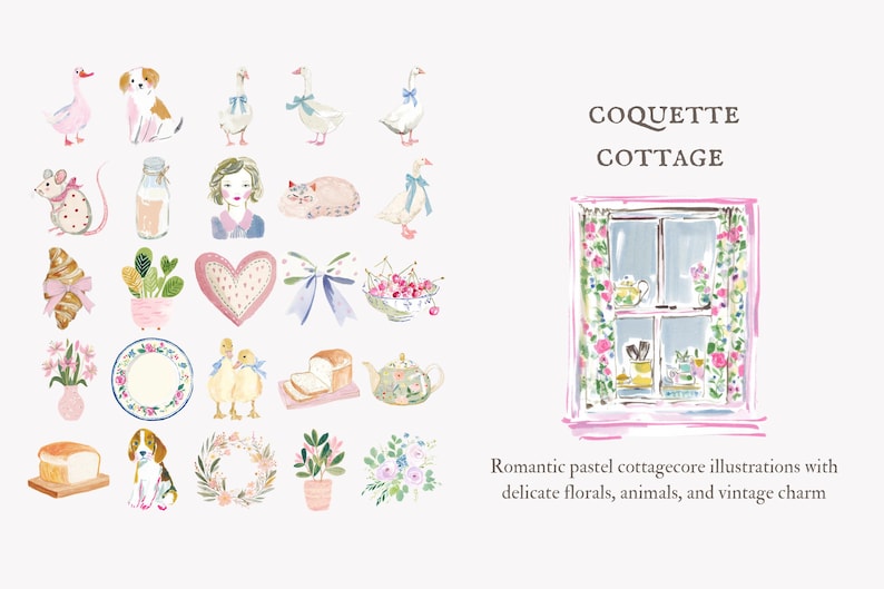 coquette cottage clipart, pastel cottagecore png, romantic vintage florals, shabby chic illustrations, feminine aesthetic bundle image 5