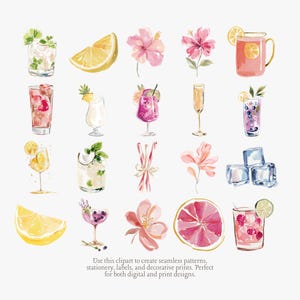 May include: Watercolor illustrations of various cocktails, flowers, and fruit slices. The image includes drinks with lemons, berries, and mint, along with pink hibiscus flowers and ice cubes. The text says, "Use this clipart to create seamless patterns, stationery, labels, and decorative prints. Perfect for both digital and print designs."