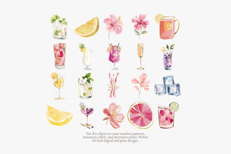 May include: Watercolor illustrations of various cocktails, flowers, and fruit slices. The image includes drinks with lemons, berries, and mint, along with pink hibiscus flowers and ice cubes. The text says, "Use this clipart to create seamless patterns, stationery, labels, and decorative prints. Perfect for both digital and print designs."