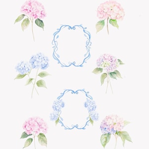 Colección de imágenes prediseñadas de estilo chinoiserie preppy en acuarela rosa: hortensia azul, flores vintage, hortensia rosa, marco azul preppy, flor de boda. imagen 6