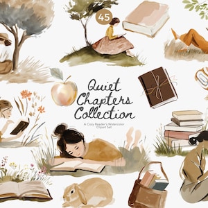 May include: Watercolor illustration titled "Quiet Chapters Collection" featuring scenes of people reading books outdoors. The artwork includes images of books, a butterfly, an apple, and a rabbit. The color palette is soft and muted, with warm earth tones.