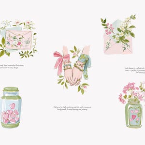 May include: Watercolor illustrations featuring a pink envelope with floral accents, hands adorned with bracelets and a bow, a jar filled with pink hearts, and a jar with pink flowers. The illustrations have a soft, romantic aesthetic.