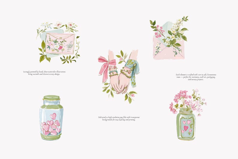 May include: Watercolor illustrations featuring a pink envelope with floral accents, hands adorned with bracelets and a bow, a jar filled with pink hearts, and a jar with pink flowers. The illustrations have a soft, romantic aesthetic.