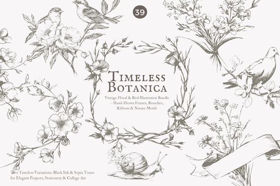 vintage botanica, floral sketch, bird illustration, ink drawing, sepia flowers, hand drawn, nature motif, wreath frame, line art, botanical