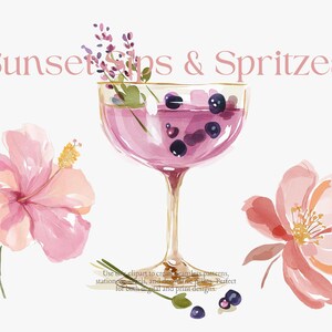 May include: Watercolor illustration featuring a pink cocktail in a stemmed glass, garnished with sprigs and berries. Pink hibiscus and other flowers surround the drink. Text reads "Sunsets & Spritzes".